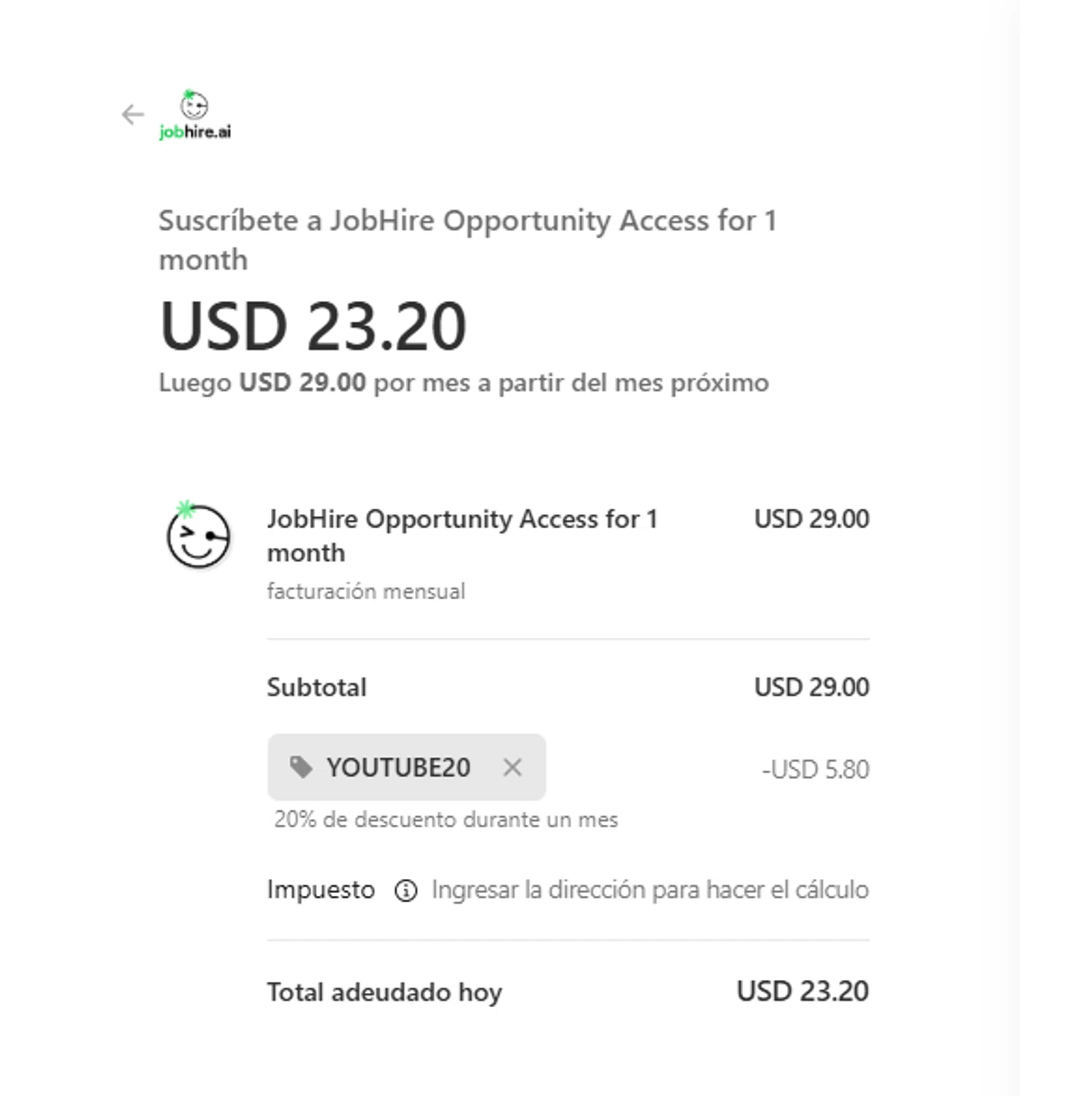 Jobhire promo code screenshot showing code YOUTUBE20 applied at Jobhire checkout page. Uploaded by SimplyCodes community member leiraM on Dec 16, 2025