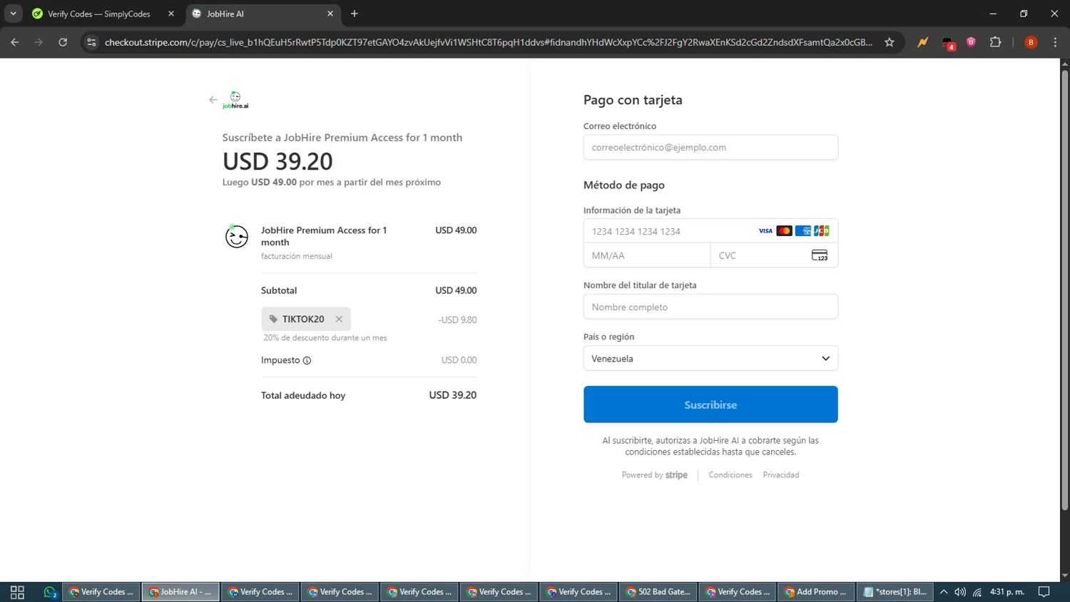 Jobhire promo code screenshot showing code TIKTOK20 applied at Jobhire checkout page. Uploaded by SimplyCodes community member BrilliantLynx7174 on Nov 2, 2025