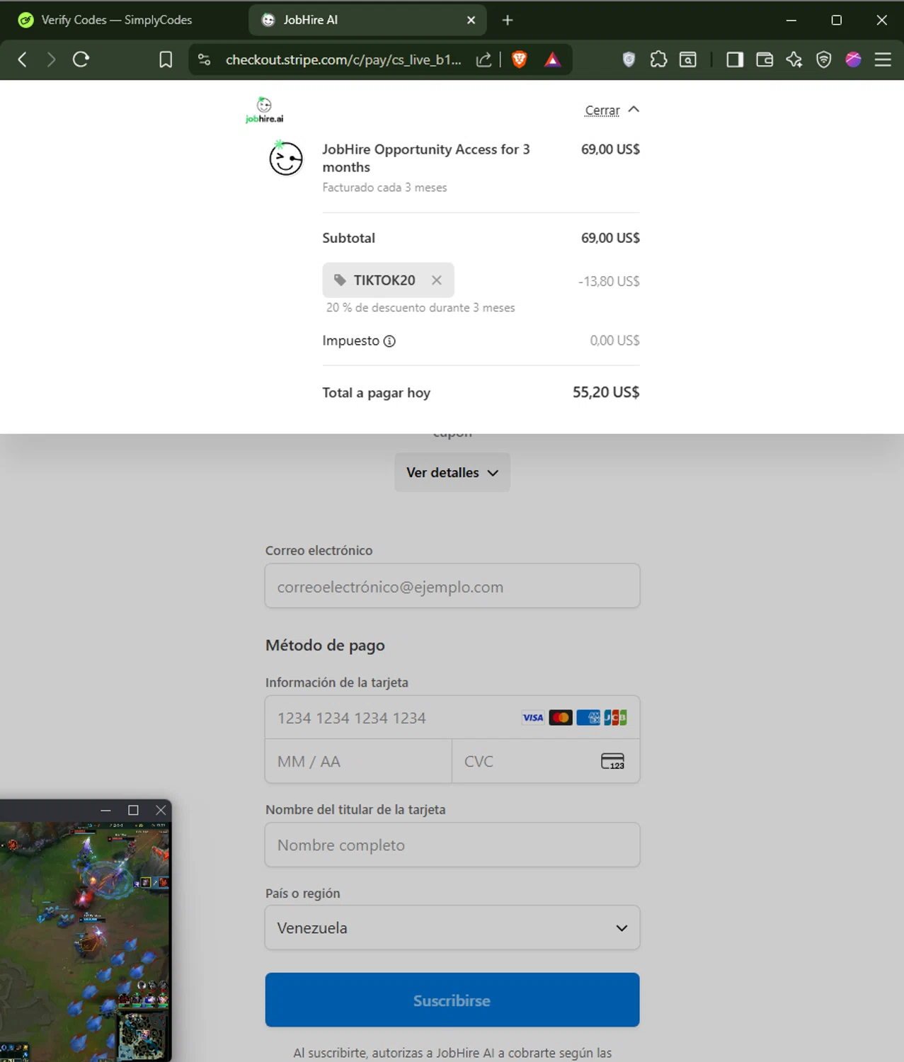 Jobhire promo code screenshot showing code TIKTOK20 applied at Jobhire checkout page. Uploaded by SimplyCodes community member NobleOwl1768 on Nov 2, 2025