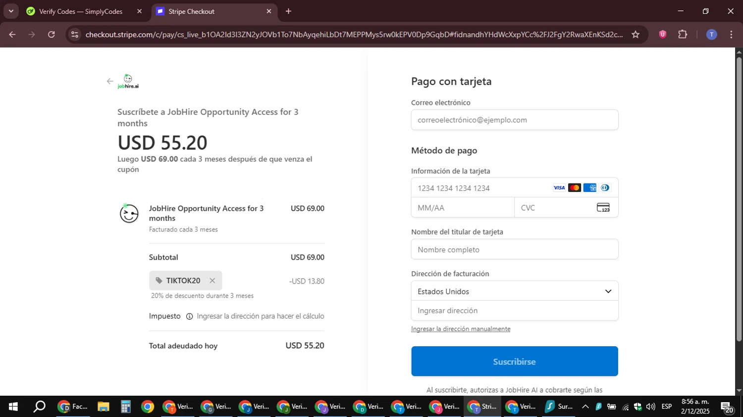 Jobhire promo code screenshot showing code TIKTOK20 applied at Jobhire checkout page. Uploaded by SimplyCodes community member snidertom8 on Dec 2, 2025
