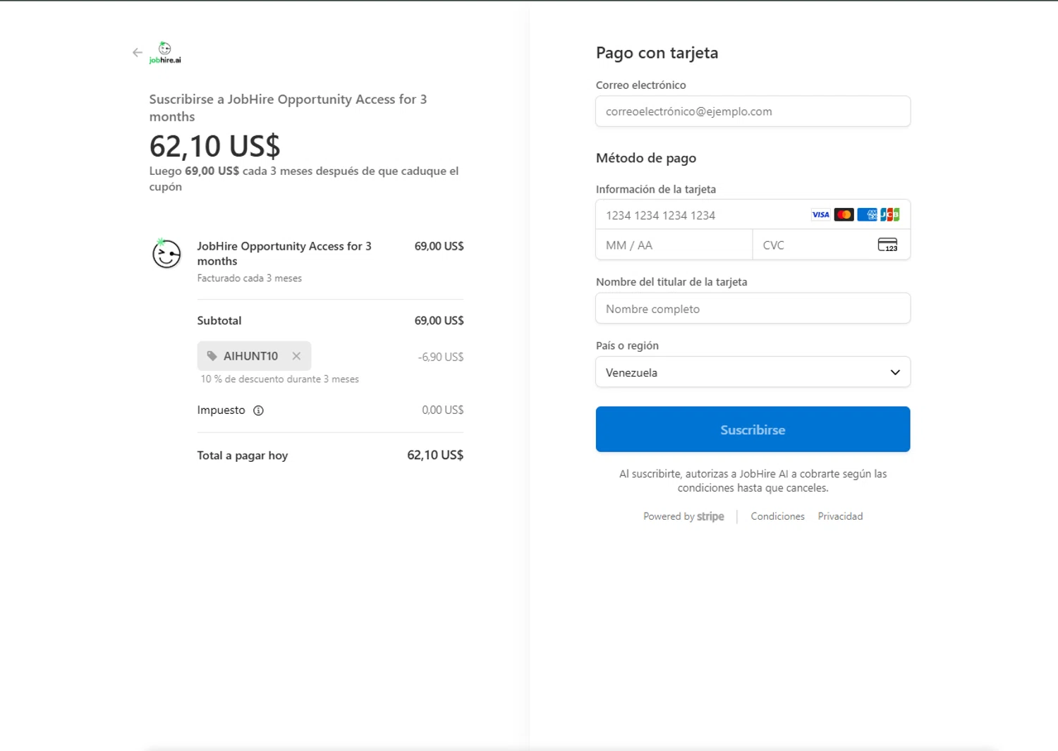 Jobhire promo code screenshot showing code AIHUNT10 applied at Jobhire checkout page. Uploaded by SimplyCodes community member MagnificentFalcon188 on Dec 2, 2025