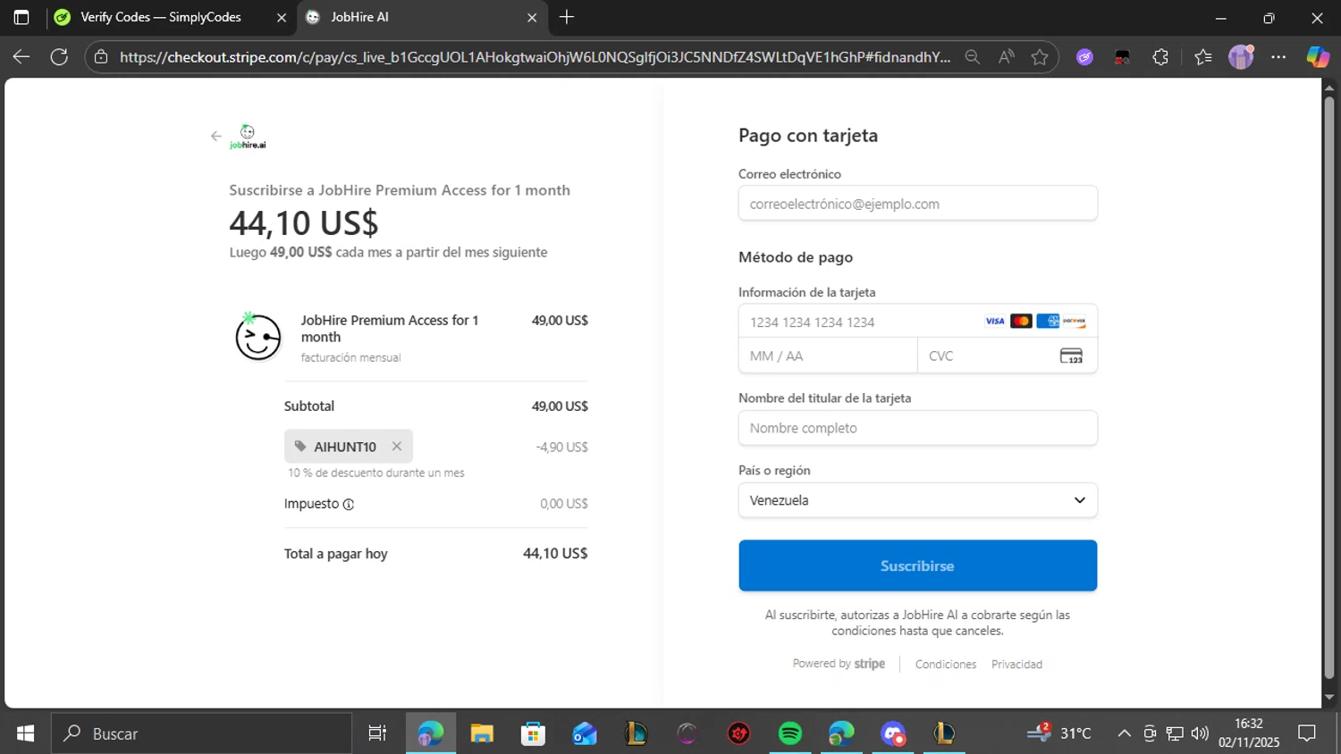 Jobhire promo code screenshot showing code AIHUNT10 applied at Jobhire checkout page. Uploaded by SimplyCodes community member THEBANANA on Nov 2, 2025