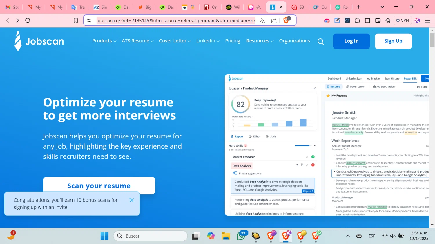 Jobscan promo code screenshot showing code 2185145 applied at Jobscan checkout page. Uploaded by SimplyCodes community member ShrewdMonarch4436 on Jan 12, 2025