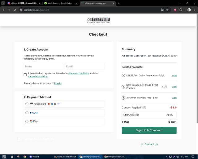 JobTestPrep checkout page showing JobTestPrep promo code box | Screenshot taken by SimplyCodes community member on Aug 30, 2025