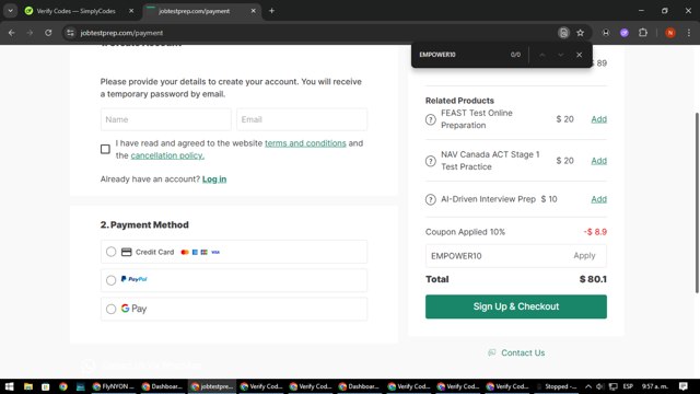 JobTestPrep checkout page showing JobTestPrep promo code box | Screenshot taken by SimplyCodes community member on Aug 10, 2025
