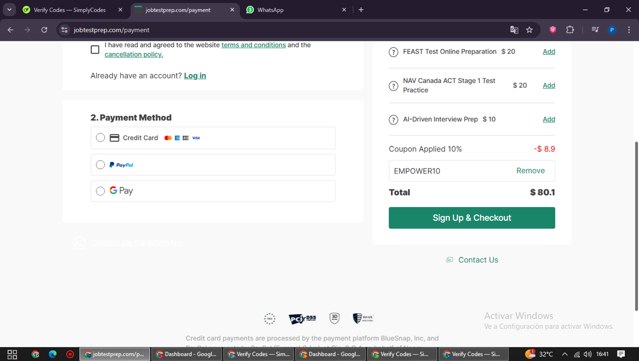 JobTestPrep checkout page showing JobTestPrep promo code box | Screenshot taken by SimplyCodes community member on Sep 6, 2025