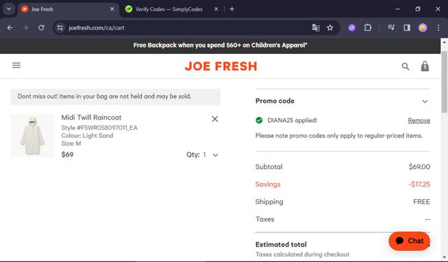 Joe Fresh CA checkout page showing Joe Fresh CA promo code box | Screenshot taken by SimplyCodes community member on Aug 15, 2025