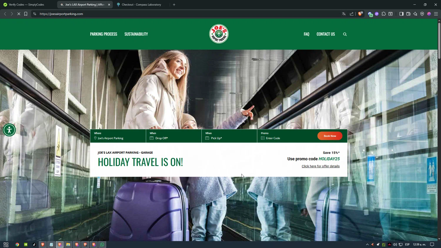 Joe's Airport Parking checkout page showing Joe's Airport Parking promo code box | Screenshot taken by SimplyCodes community member on Dec 14, 2025