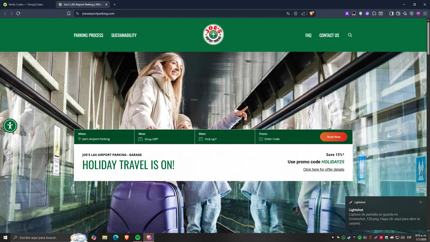 Joe's Airport Parking promo code screenshot showing code HOLIDAY25 applied at Joe's Airport Parking checkout page. Uploaded by SimplyCodes community member Carlos54 on Jan 1, 2026
