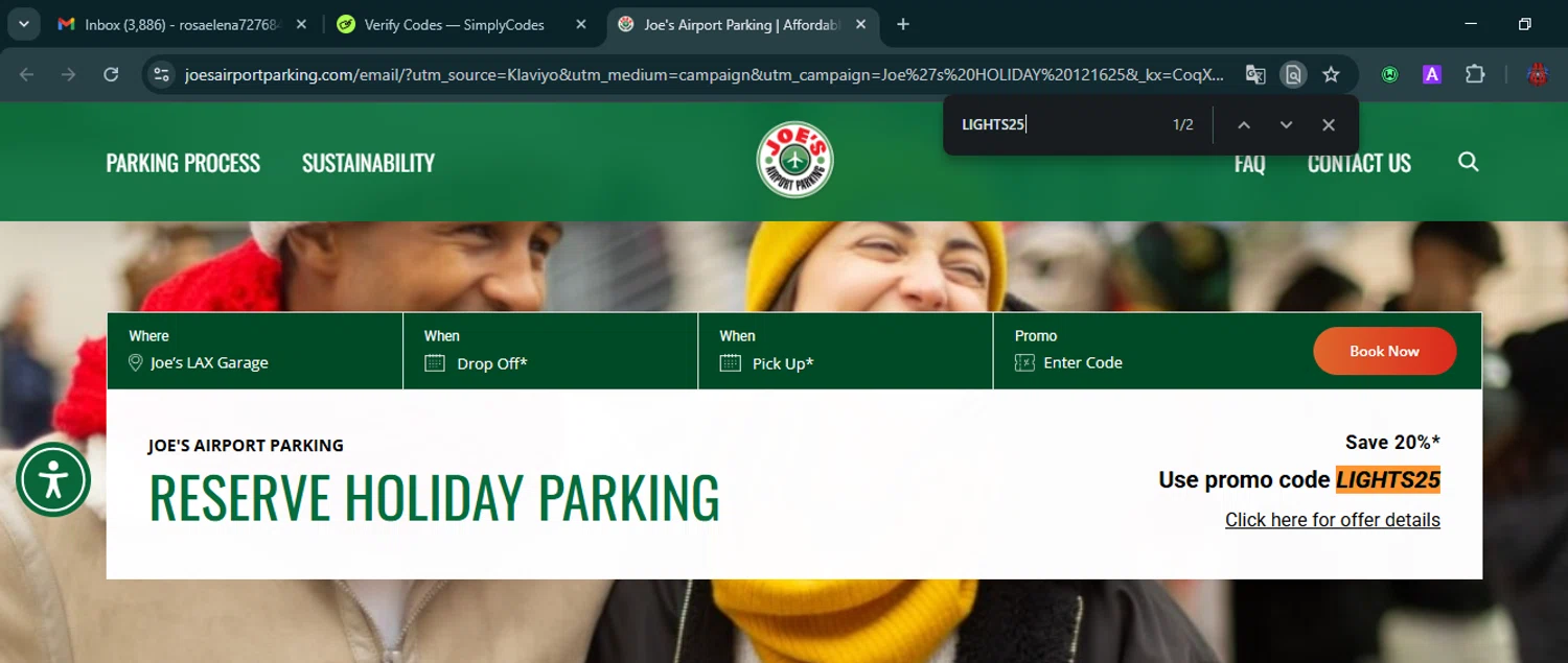 Joe's Airport Parking checkout page showing Joe's Airport Parking promo code box | Screenshot taken by SimplyCodes community member on Dec 17, 2025