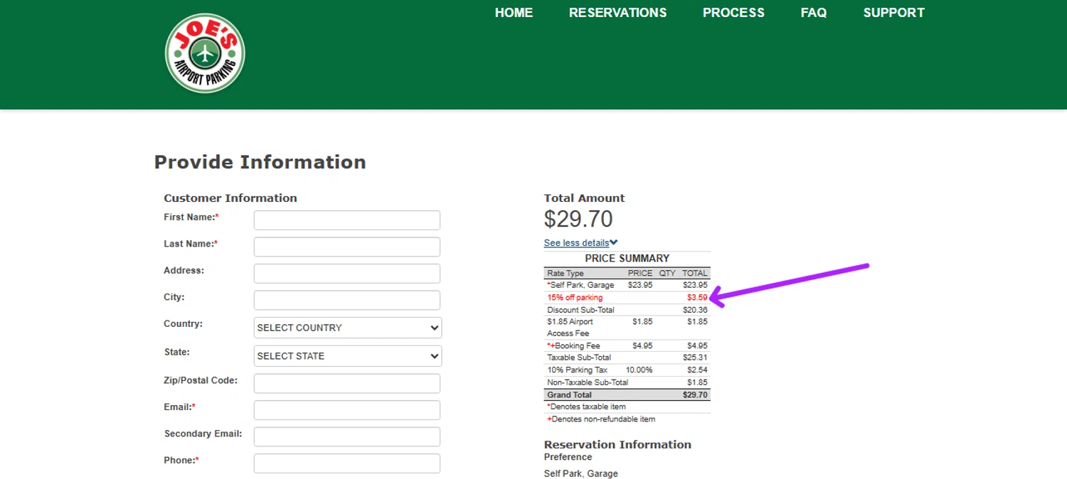 Joe's Airport Parking promo code screenshot showing code HOLIDAY25 applied at Joe's Airport Parking checkout page. Uploaded by SimplyCodes community member Myrulesmagazine23 on Dec 3, 2025