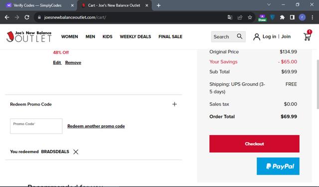 Joe's New Balance Outlet checkout page showing Joe's New Balance Outlet promo code box | Screenshot taken by SimplyCodes community member on Sep 30, 2023