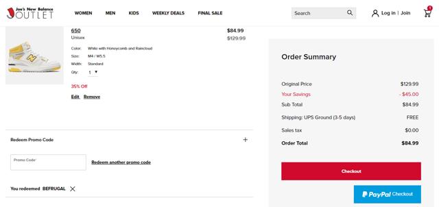 Joe's New Balance Outlet checkout page showing Joe's New Balance Outlet promo code box | Screenshot taken by SimplyCodes community member on Sep 25, 2023