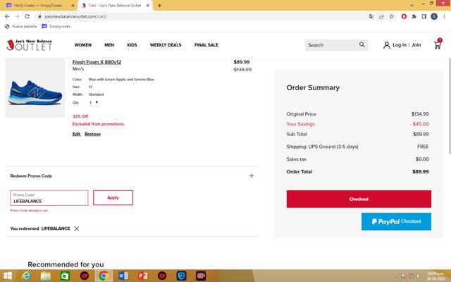 Joe's New Balance Outlet checkout page showing Joe's New Balance Outlet promo code box | Screenshot taken by SimplyCodes community member on Sep 30, 2023