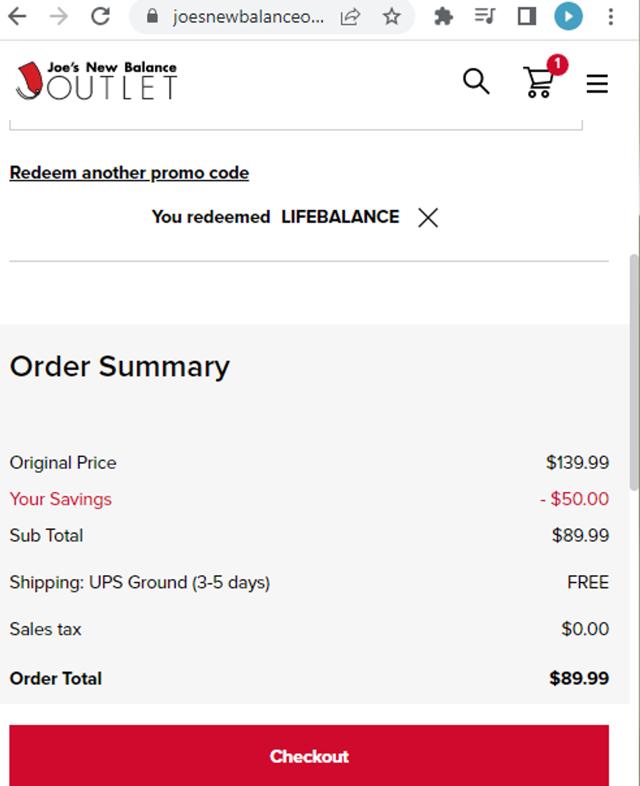 Joe's New Balance Outlet checkout page showing Joe's New Balance Outlet promo code box | Screenshot taken by SimplyCodes community member on Oct 23, 2023