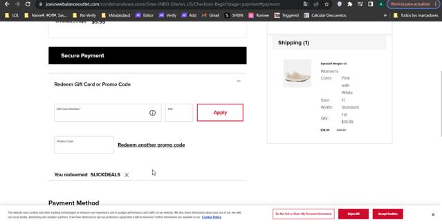 Joe's New Balance Outlet checkout page showing Joe's New Balance Outlet promo code box | Screenshot taken by SimplyCodes community member on Nov 9, 2023