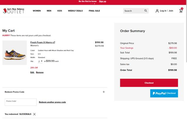 Joe's New Balance Outlet checkout page showing Joe's New Balance Outlet promo code box | Screenshot taken by SimplyCodes community member on Oct 6, 2023