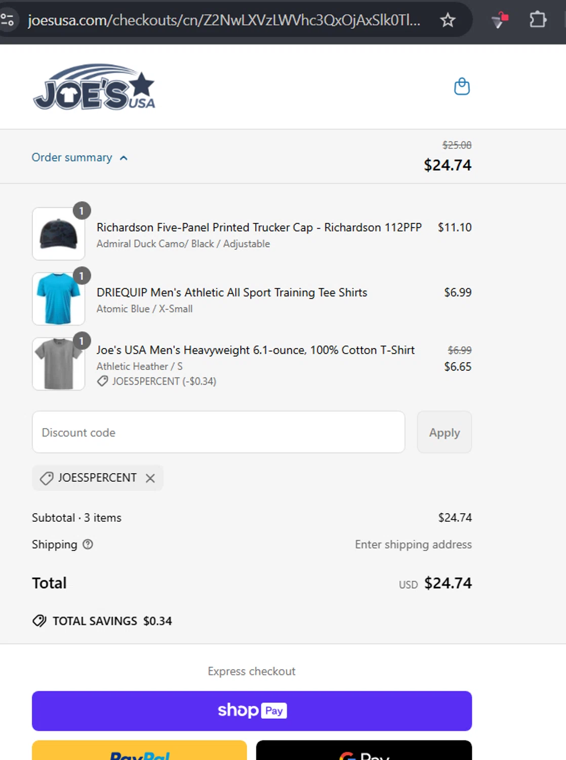Joe's USA discount code screenshot showing code JOES5PERCENT applied at Joe's USA checkout page. Uploaded by SimplyCodes community member RafaLB on Jun 19, 2025