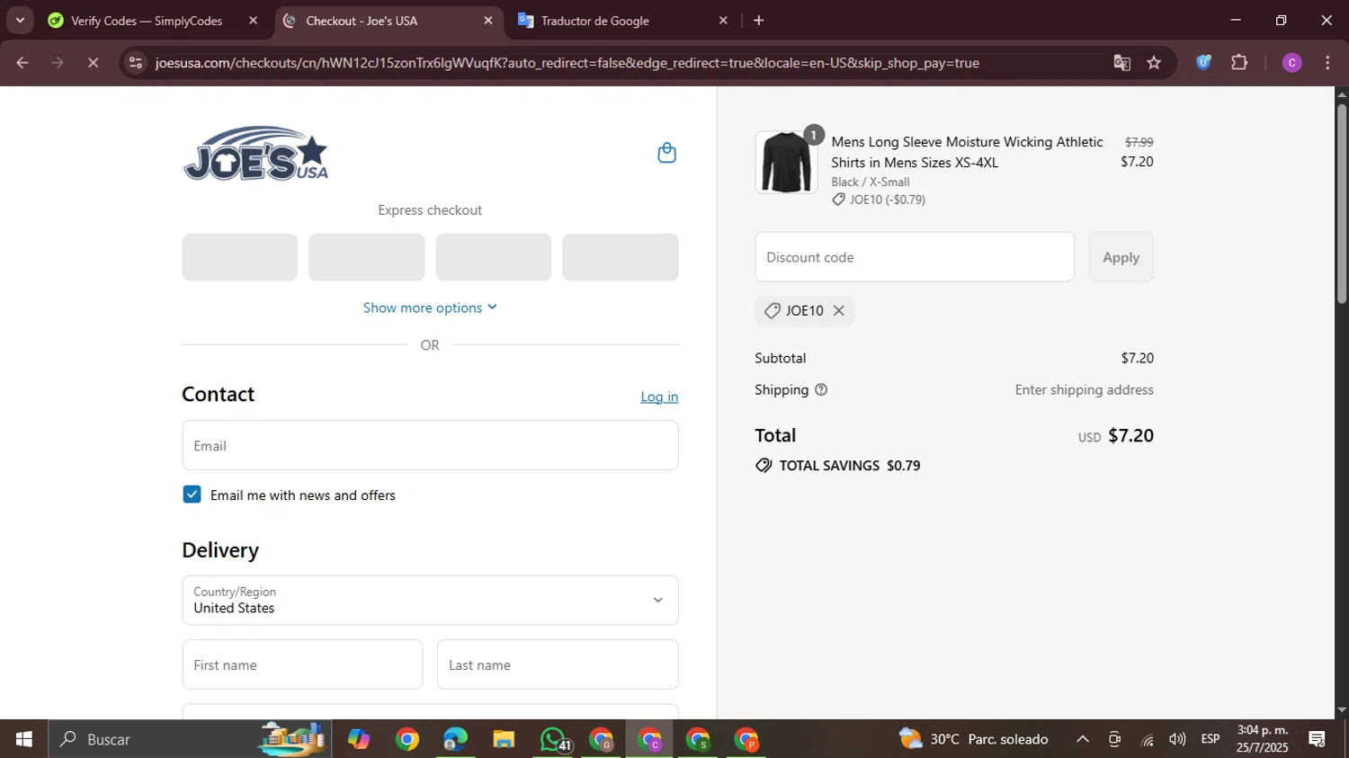 Joe's USA discount code screenshot showing code JOE10 applied at Joe's USA checkout page. Uploaded by SimplyCodes community member FrugalPro5078 on Jul 25, 2025