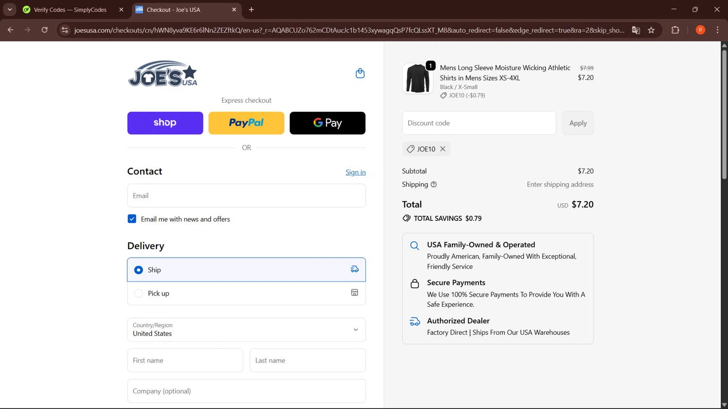 Joe's USA checkout page showing Joe's USA discount code box | Screenshot taken by SimplyCodes community member on Feb 19, 2026