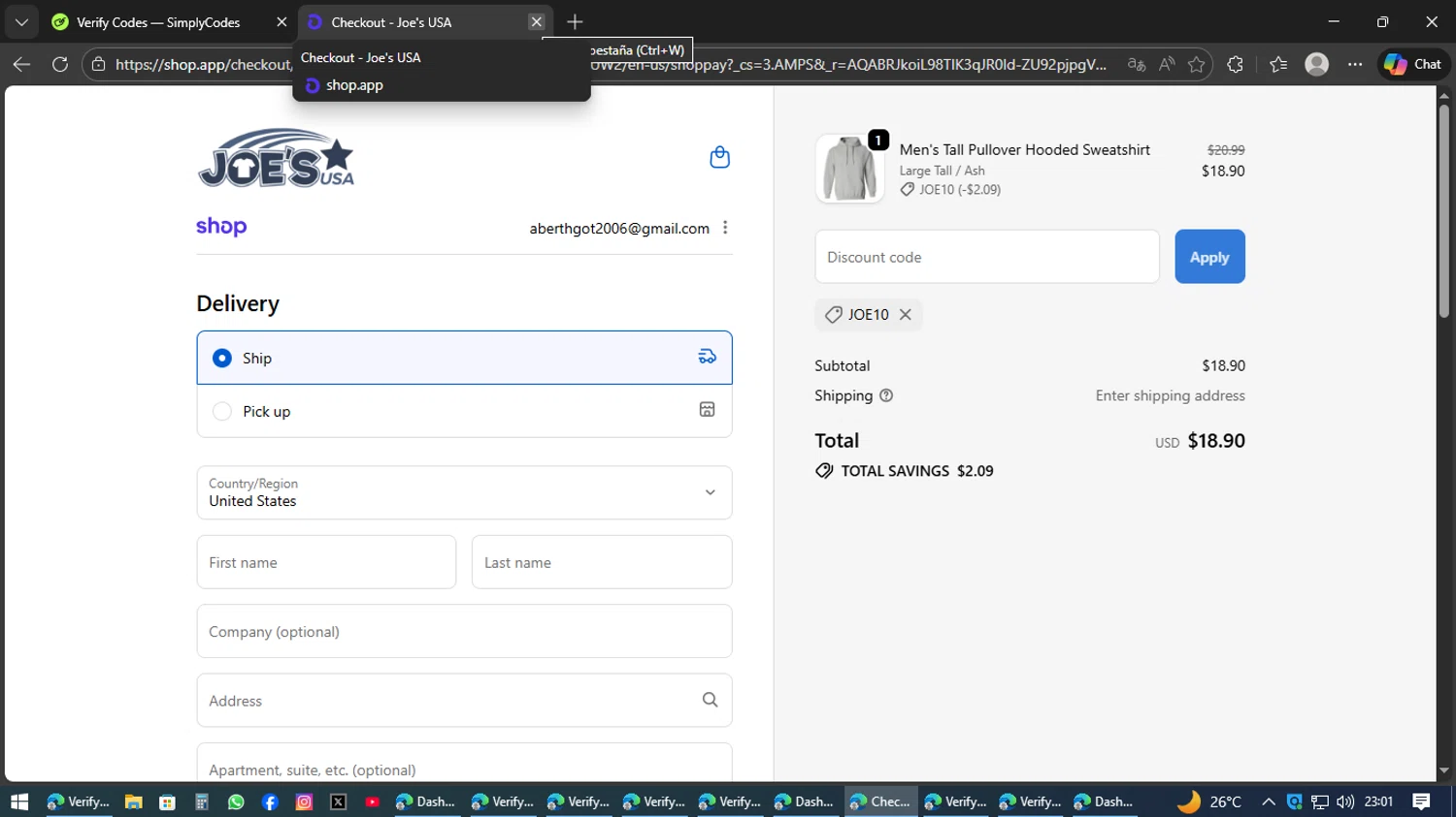 Joe's USA checkout page showing Joe's USA discount code box | Screenshot taken by SimplyCodes community member on Feb 6, 2026