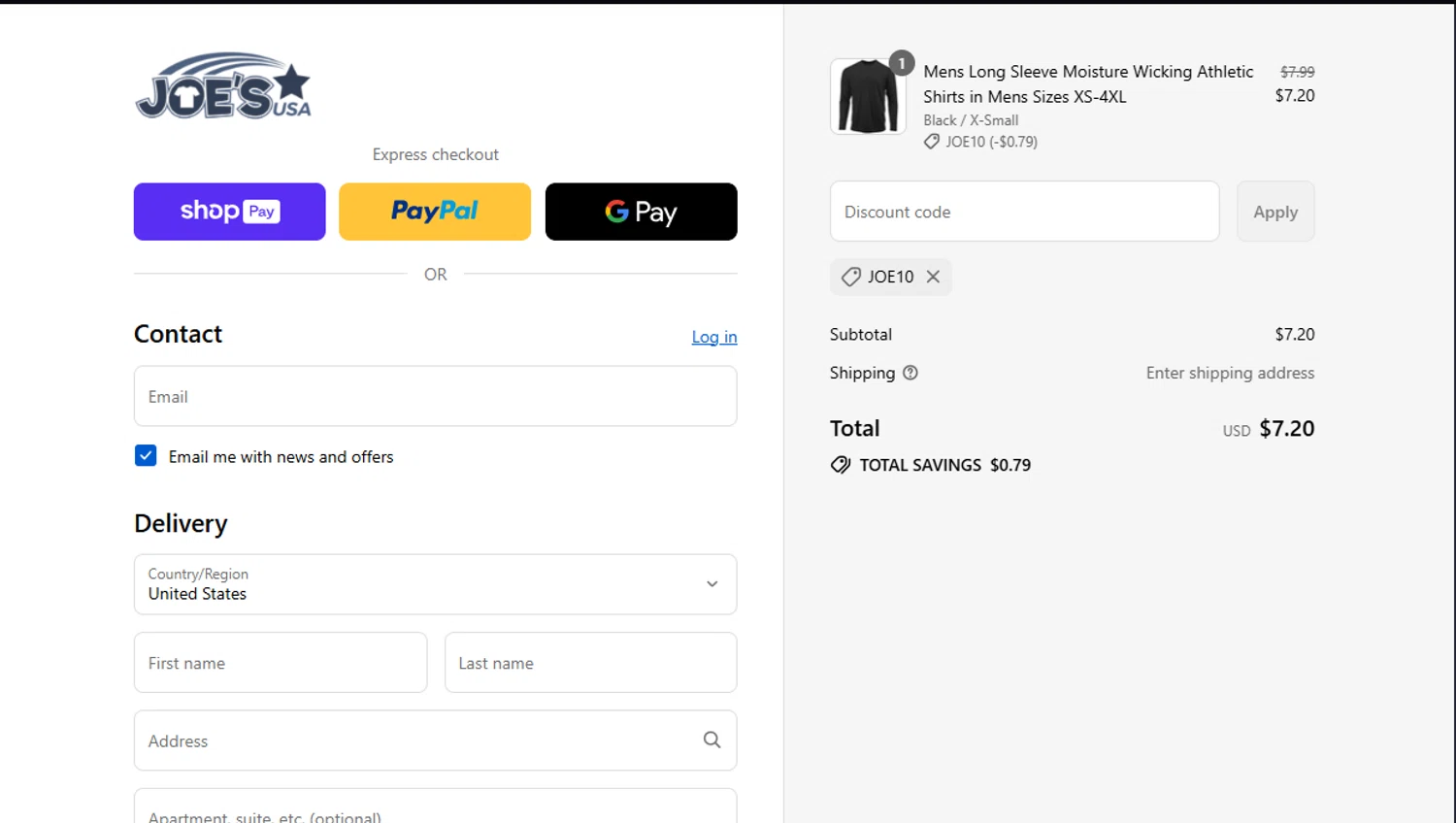 Joe's USA discount code screenshot showing code JOE10 applied at Joe's USA checkout page. Uploaded by SimplyCodes community member Underaiki on Aug 27, 2025