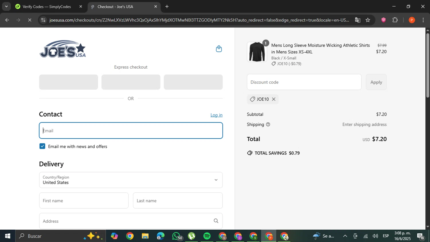 Joe's USA discount code screenshot showing code JOE10 applied at Joe's USA checkout page. Uploaded by SimplyCodes community member VictoriousCaptain2658 on Jun 16, 2025