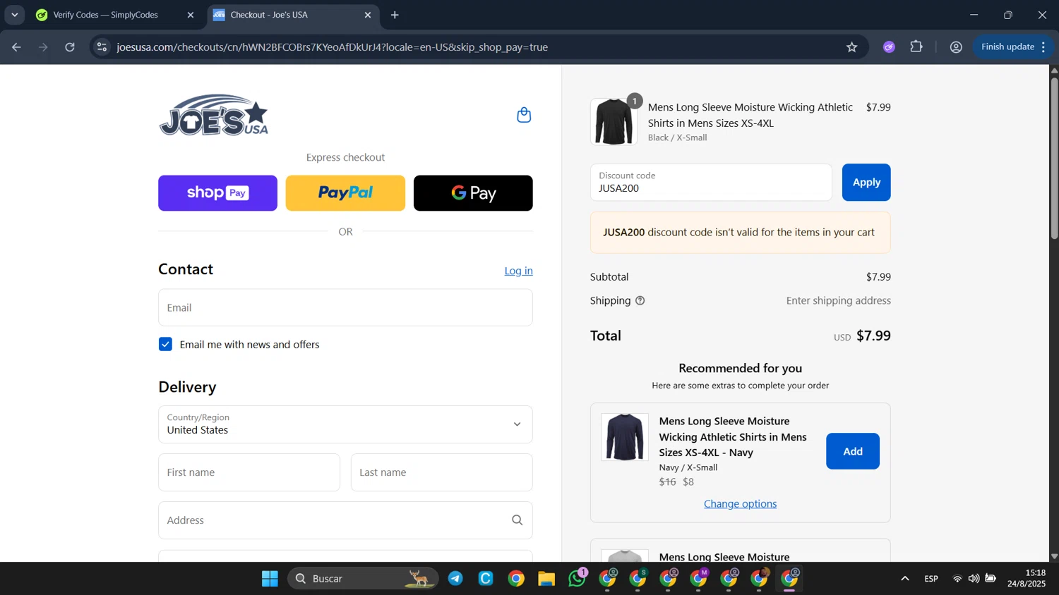 Joe's USA discount code screenshot showing code JUSA200 applied at Joe's USA checkout page. Uploaded by SimplyCodes community member CleverFalcon6244 on Aug 24, 2025