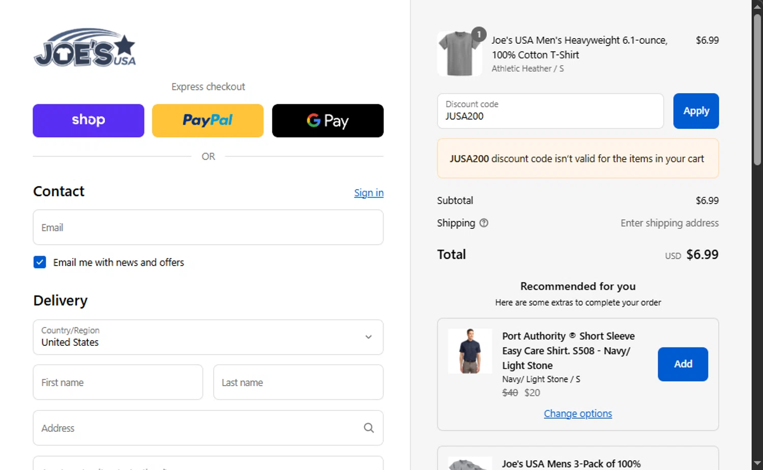 Joe's USA discount code screenshot showing code JUSA200 applied at Joe's USA checkout page. Uploaded by SimplyCodes community member Santi_ago on Sep 14, 2025