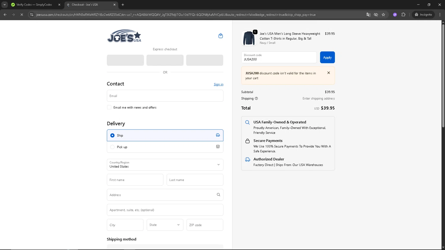 Joe's USA discount code screenshot showing code JUSA200 applied at Joe's USA checkout page. Uploaded by SimplyCodes community member TOROREX250 on Dec 2, 2025