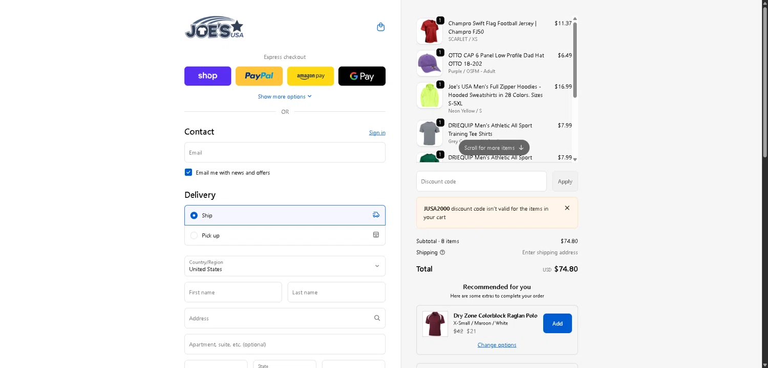 Joe's USA discount code screenshot showing code JUSA2000 applied at Joe's USA checkout page. Uploaded by SimplyCodes community member BargainCurator5453 on Dec 23, 2025