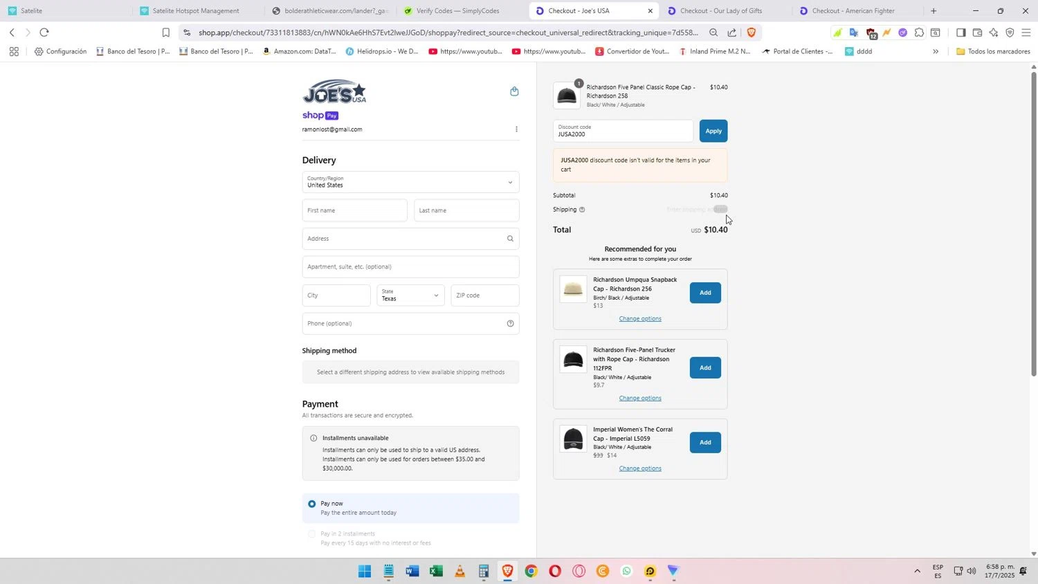 Joe's USA discount code screenshot showing code JUSA2000 applied at Joe's USA checkout page. Uploaded by SimplyCodes community member Darkosukaru on Jul 17, 2025