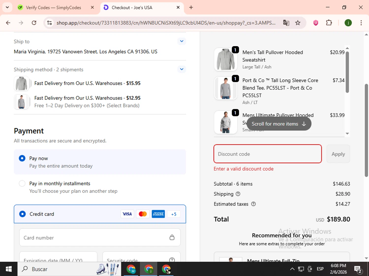 Joe's USA discount code screenshot showing code JUSA2000 applied at Joe's USA checkout page. Uploaded by SimplyCodes community member SavingsCollector2592 on Feb 6, 2026
