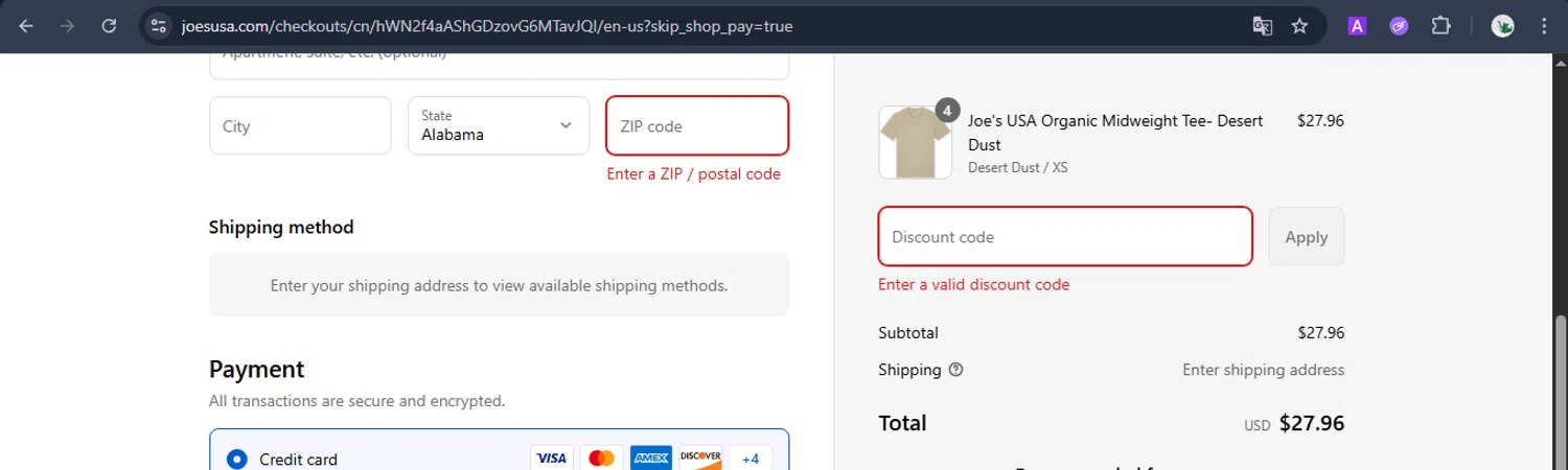 Joe's USA discount code screenshot showing code JOESUSA10 applied at Joe's USA checkout page. Uploaded by SimplyCodes community member BudgetElite1200 on Sep 6, 2025