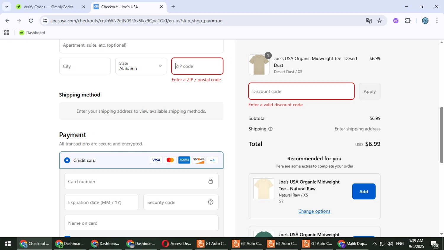 Joe's USA discount code screenshot showing code JOESUSA10 applied at Joe's USA checkout page. Uploaded by SimplyCodes community member Suicune on Sep 6, 2025