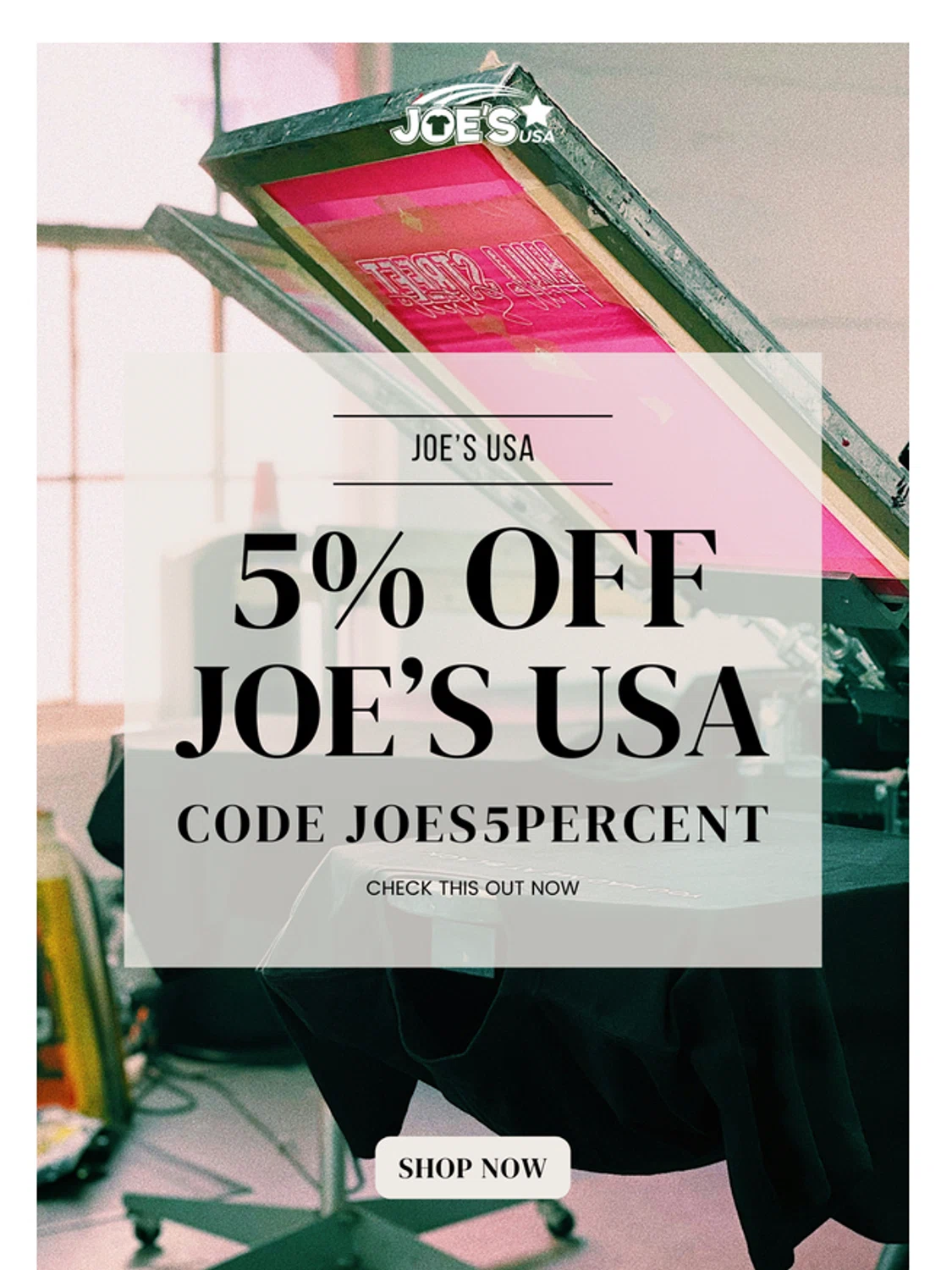 Joe's USA discount code screenshot showing code JOES5PERCENT applied at Joe's USA checkout page. Uploaded by SimplyCodes community member OMPU0408 on Apr 30, 2025