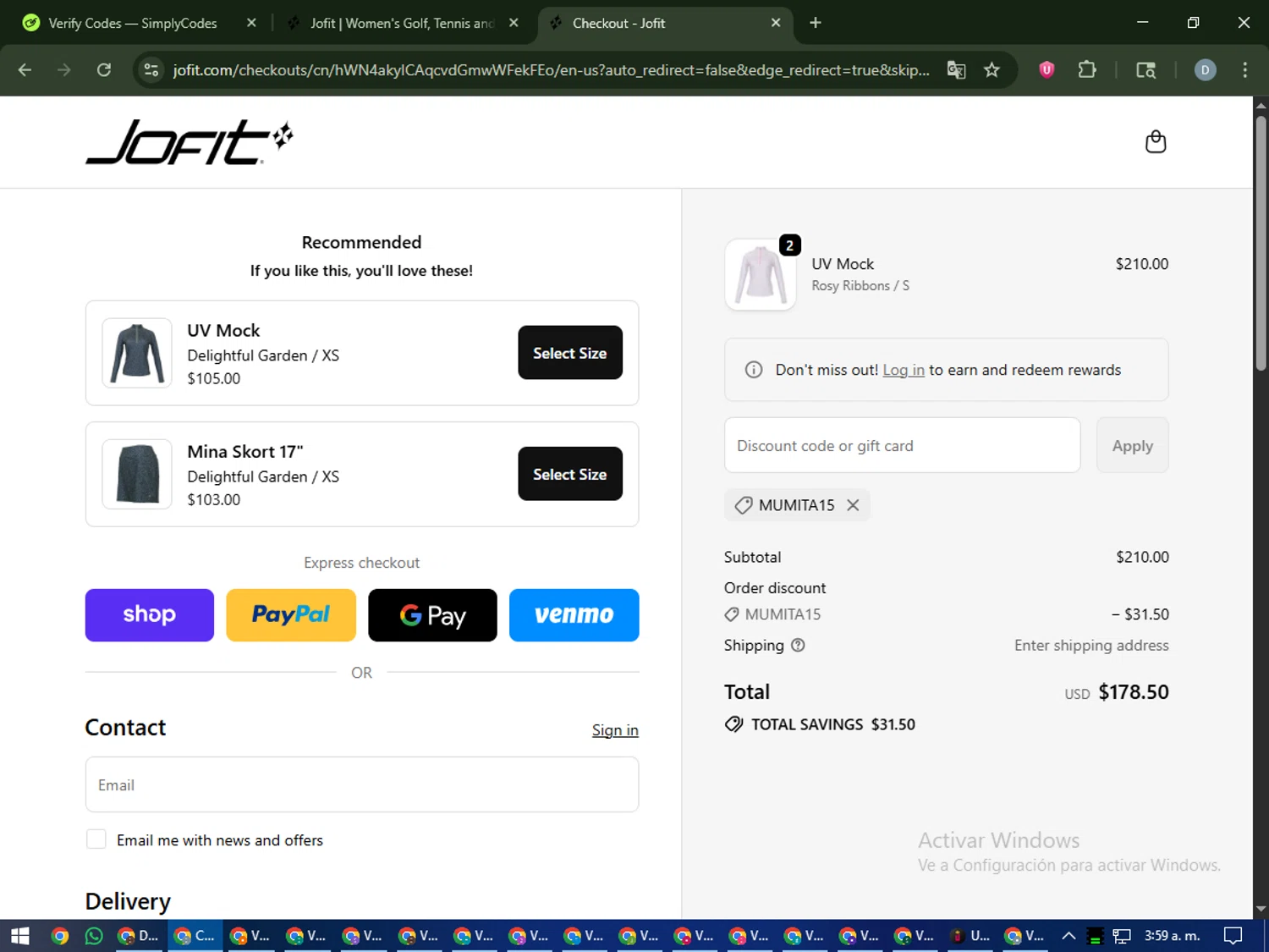 JoFit promo code screenshot showing code MUMITA15 applied at JoFit checkout page. Uploaded by SimplyCodes community member CleverCurator2558 on Oct 27, 2025