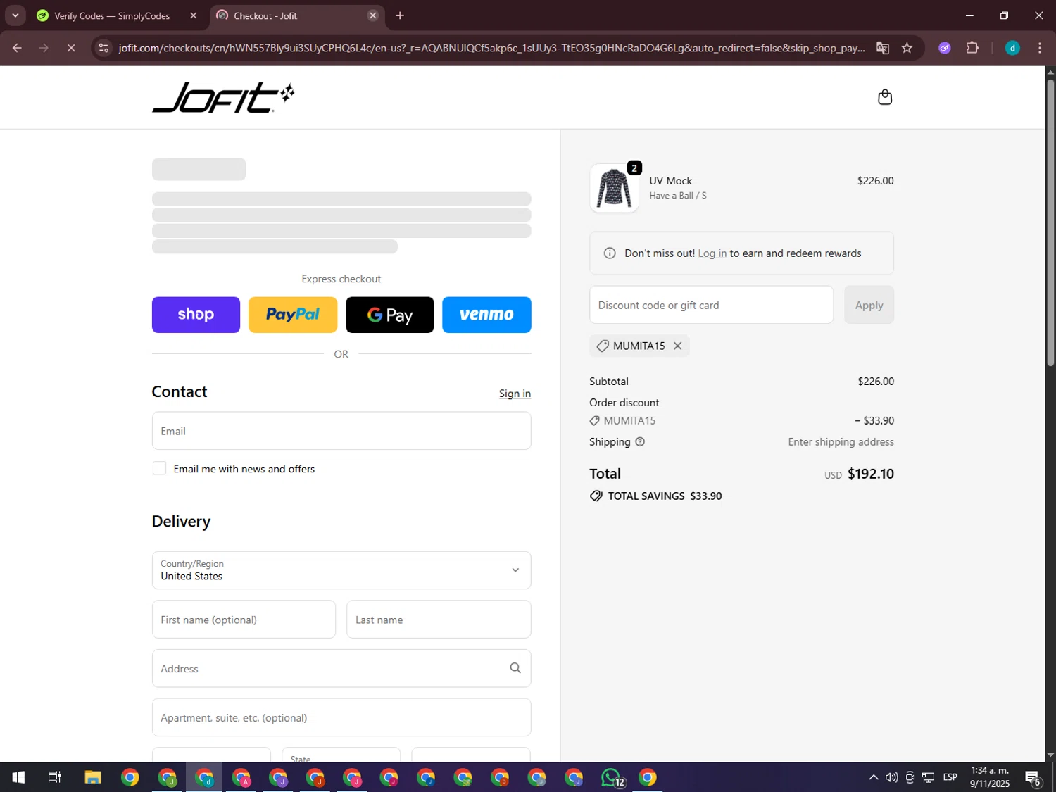 JoFit promo code screenshot showing code MUMITA15 applied at JoFit checkout page. Uploaded by SimplyCodes community member GloriousTiger3507 on Nov 9, 2025