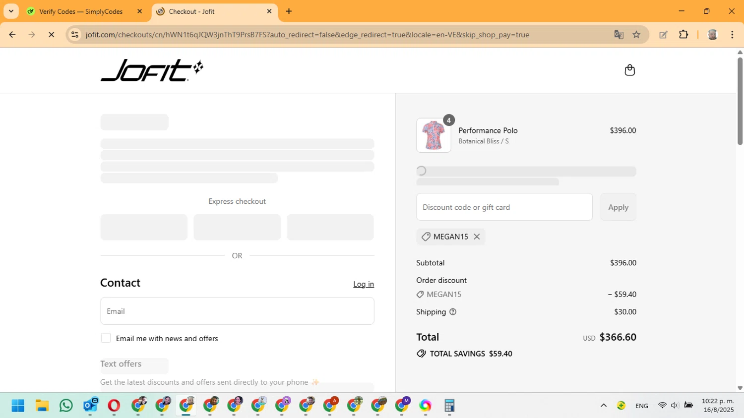 JoFit promo code screenshot showing code MEGAN15 applied at JoFit checkout page. Uploaded by SimplyCodes community member ManuelF on Aug 17, 2025