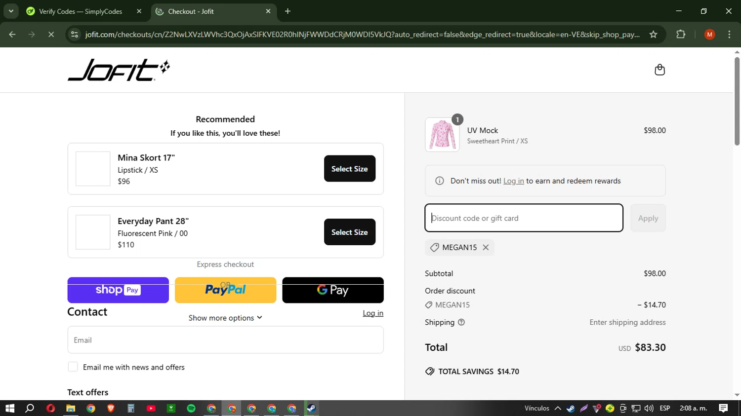 JoFit promo code screenshot showing code MEGAN15 applied at JoFit checkout page. Uploaded by SimplyCodes community member NobleSentinel6058 on Mar 30, 2025