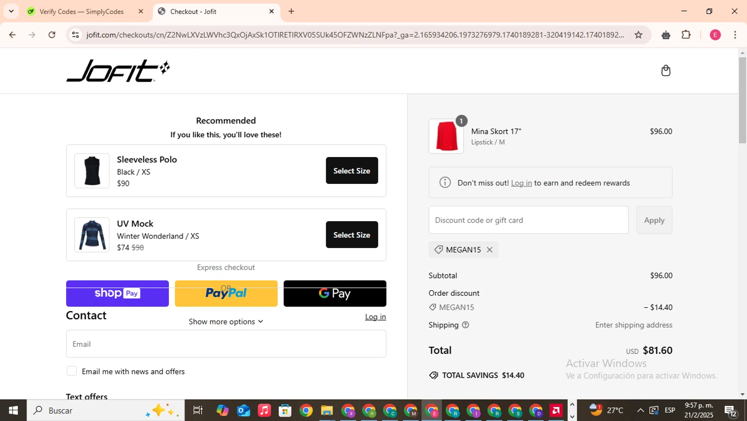 JoFit promo code screenshot showing code MEGAN15 applied at JoFit checkout page. Uploaded by SimplyCodes community member CouponHero7312 on Feb 22, 2025