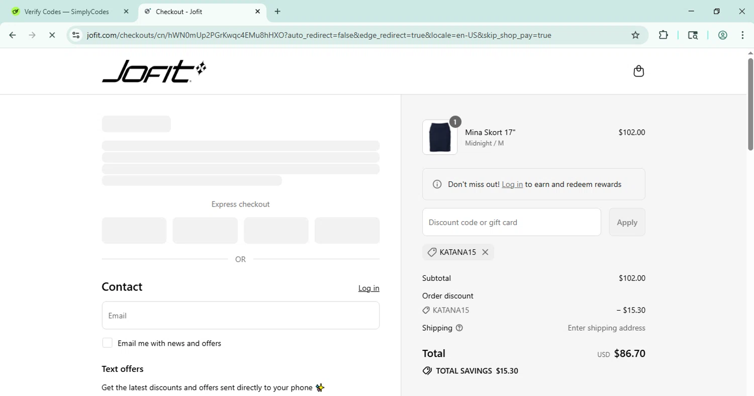 JoFit promo code screenshot showing code KATANA15 applied at JoFit checkout page. Uploaded by SimplyCodes community member Morketools on Jul 18, 2025
