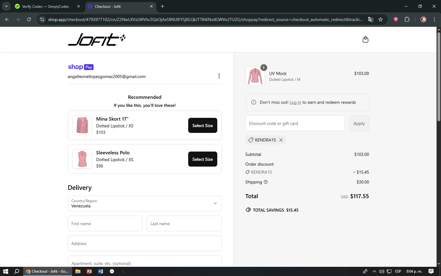 JoFit promo code screenshot showing code KENDRA15 applied at JoFit checkout page. Uploaded by SimplyCodes community member TreasureShopper9156 on Jun 26, 2025