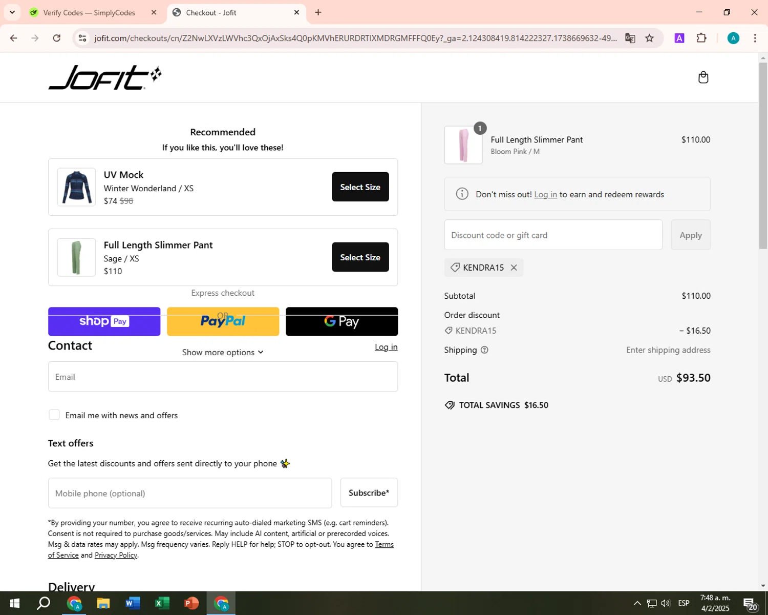 JoFit promo code screenshot showing code KENDRA15 applied at JoFit checkout page. Uploaded by SimplyCodes community member FortunateSentinel9389 on Feb 4, 2025