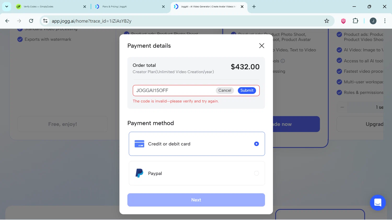 Jogg promo code screenshot showing code JOGGAI15OFF applied at Jogg checkout page. Uploaded by SimplyCodes community member APOLOMONEY on Jan 13, 2026