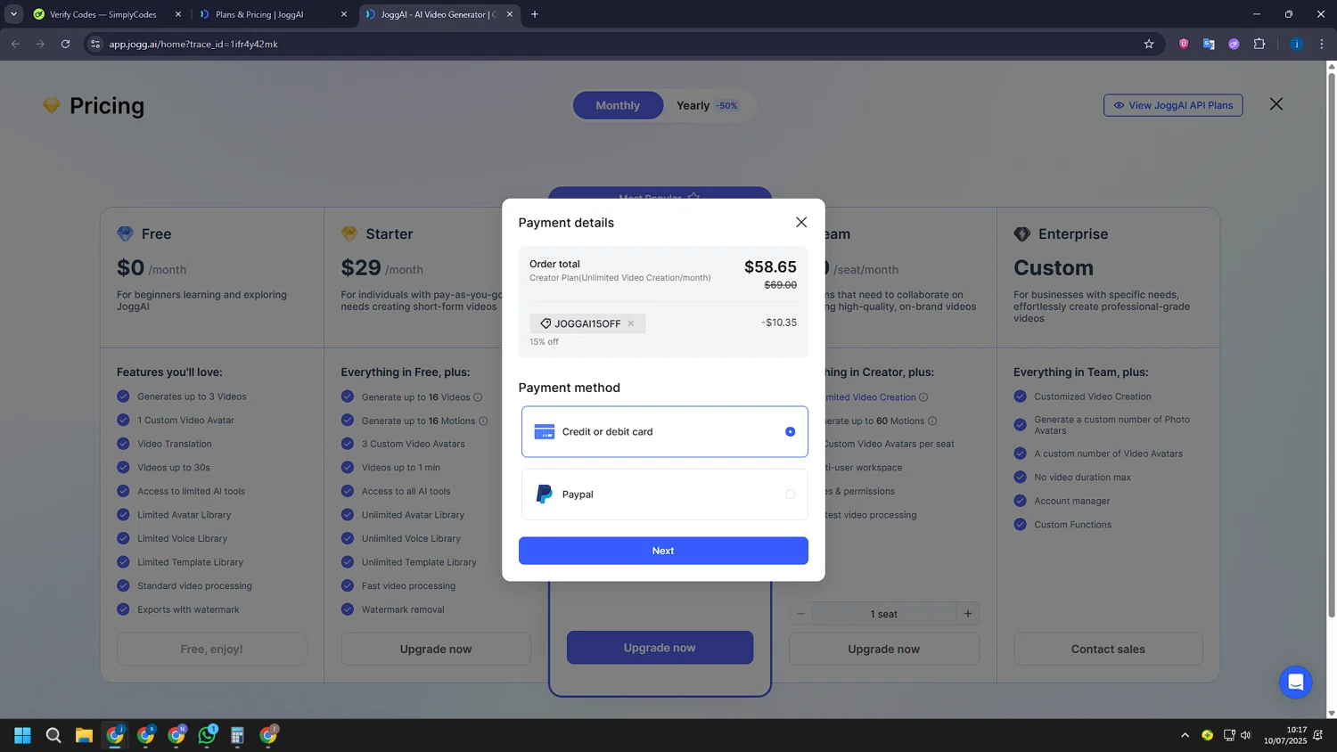 Jogg checkout page showing Jogg promo code box | Screenshot taken by SimplyCodes community member on Jul 10, 2025