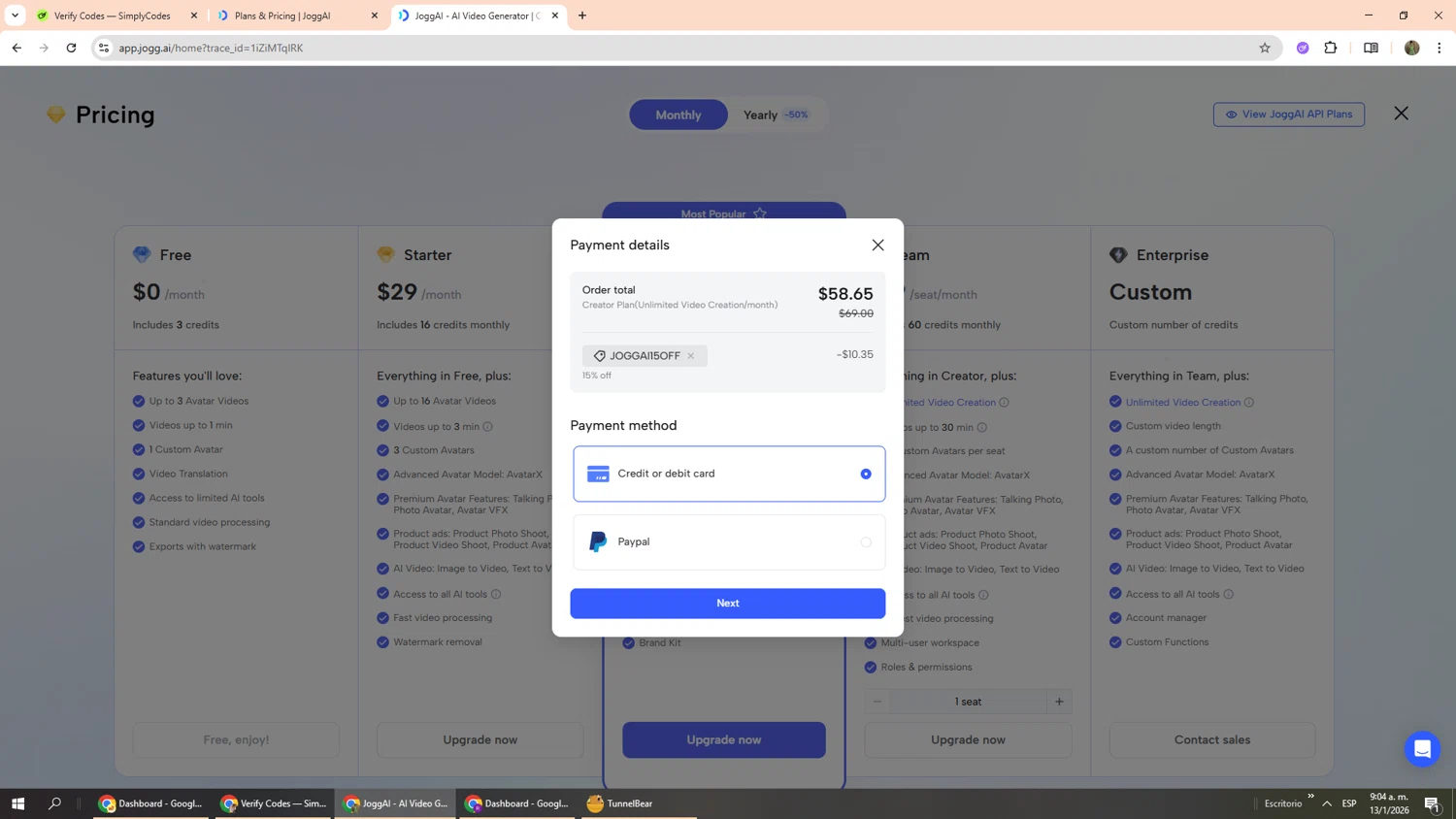 Jogg promo code screenshot showing code JOGGAI15OFF applied at Jogg checkout page. Uploaded by SimplyCodes community member Phoenix585 on Jan 13, 2026