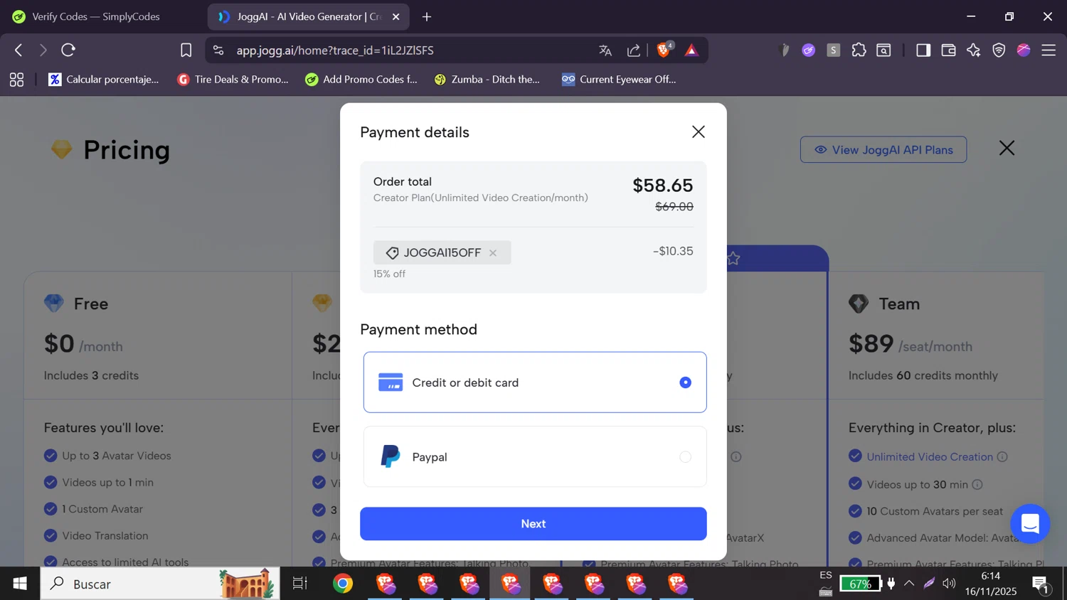 Jogg promo code screenshot showing code JOGGAI15OFF applied at Jogg checkout page. Uploaded by SimplyCodes community member elizabethjames on Nov 16, 2025