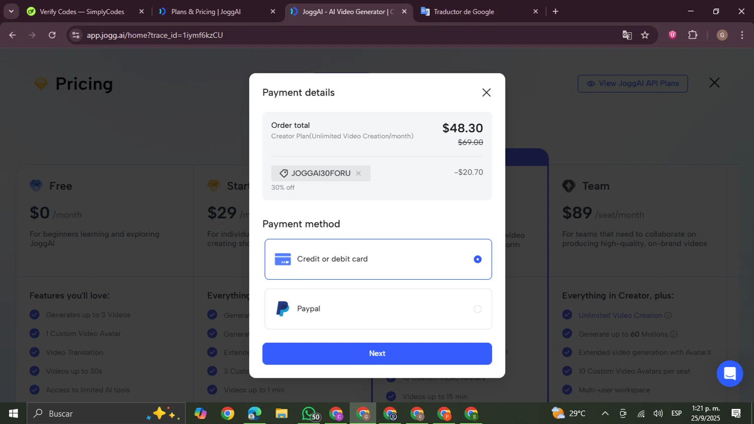 Jogg checkout page showing Jogg promo code box | Screenshot taken by SimplyCodes community member on Sep 25, 2025