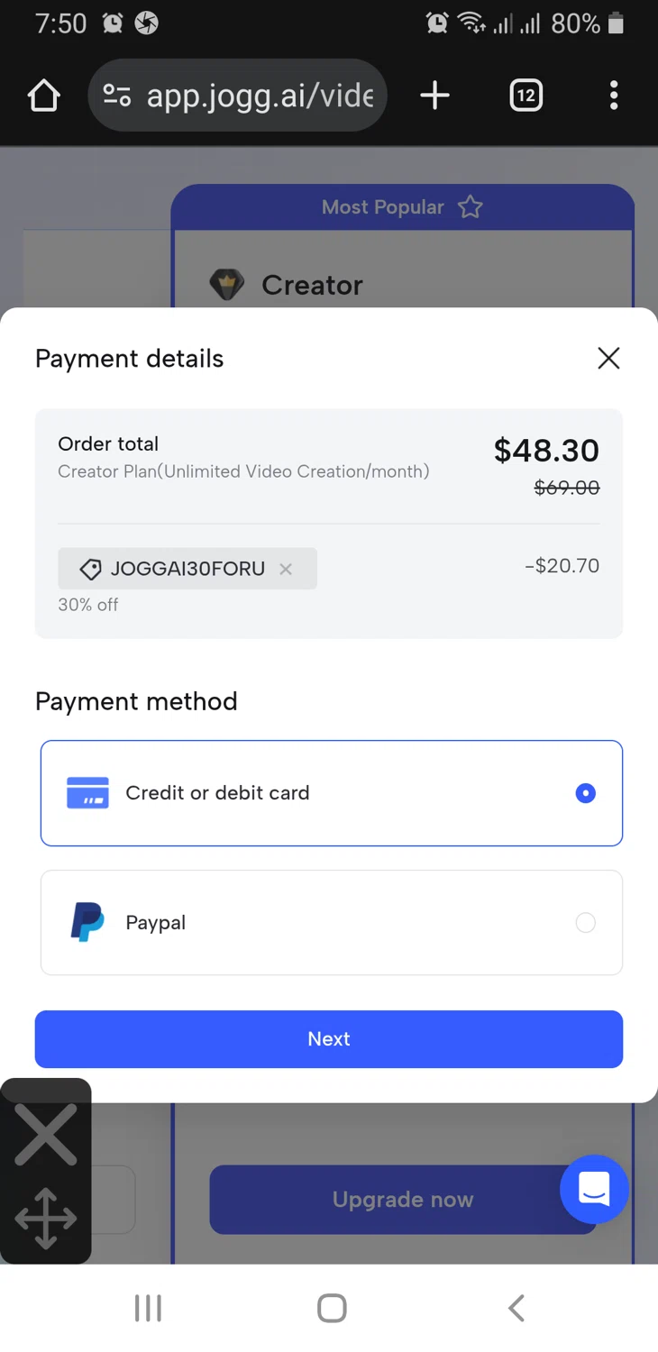 Jogg promo code screenshot showing code JOGGAI30FORU applied at Jogg checkout page. Uploaded by SimplyCodes community member GloriousFinder136 on Nov 22, 2025
